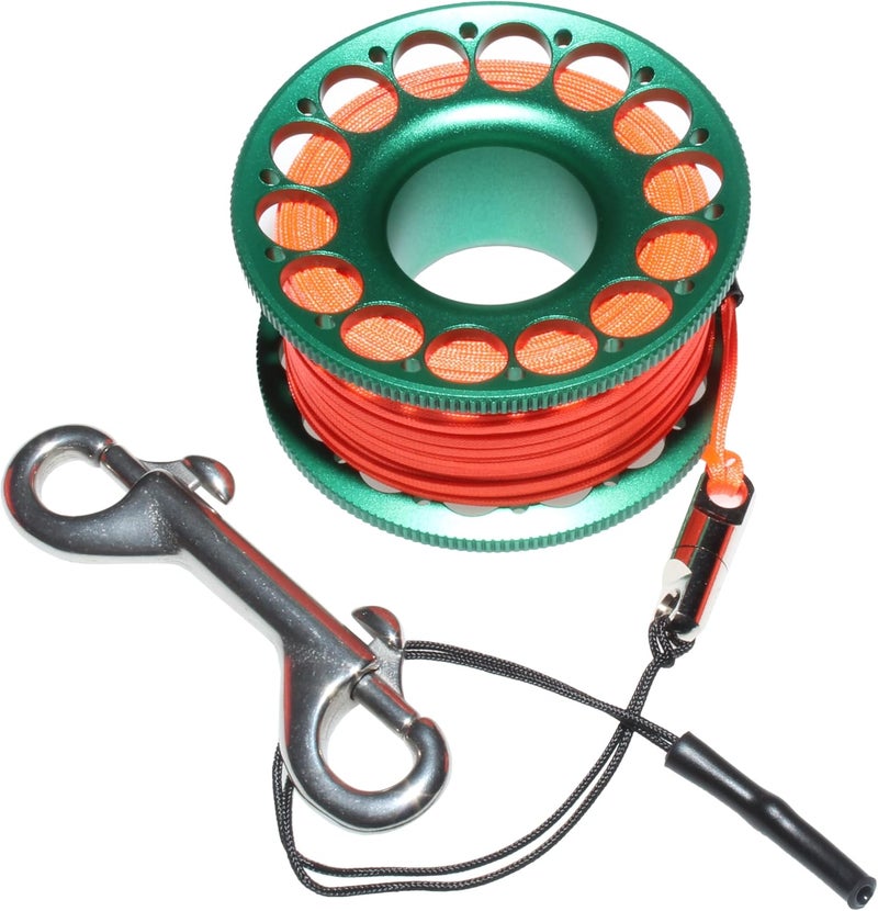 DiveTec 98FT SCUBA DIVING REEL: Aluminum Finger Spool with Stainless Steel Double-End Bolt Snap, Bright Color Nylon Line, Large Center Hole, and Easy to Hang Buckle for Wreck and Reef Diving (GREEN) - Image 1